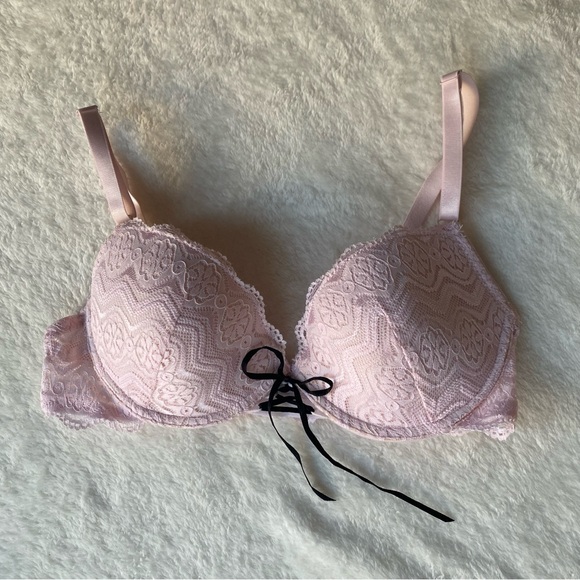 Vintage Anchor Blue Bra Light Pink black Lace Underwire 32B Bikini Eye Candy - Picture 1 of 11